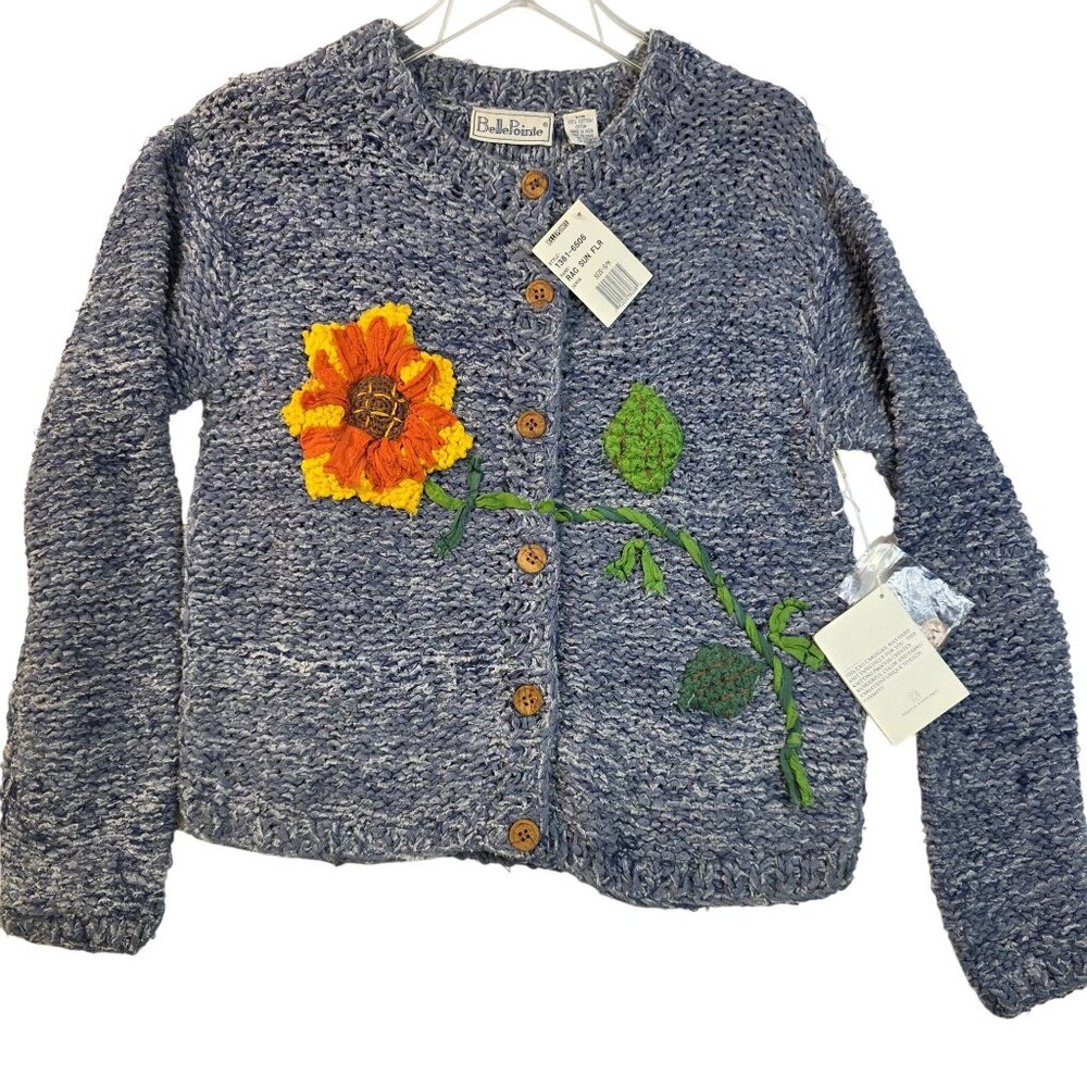 Floral Hand Knit Rag Cardigan Small Med Denim Blue Bellepointe Vintage Deadstock